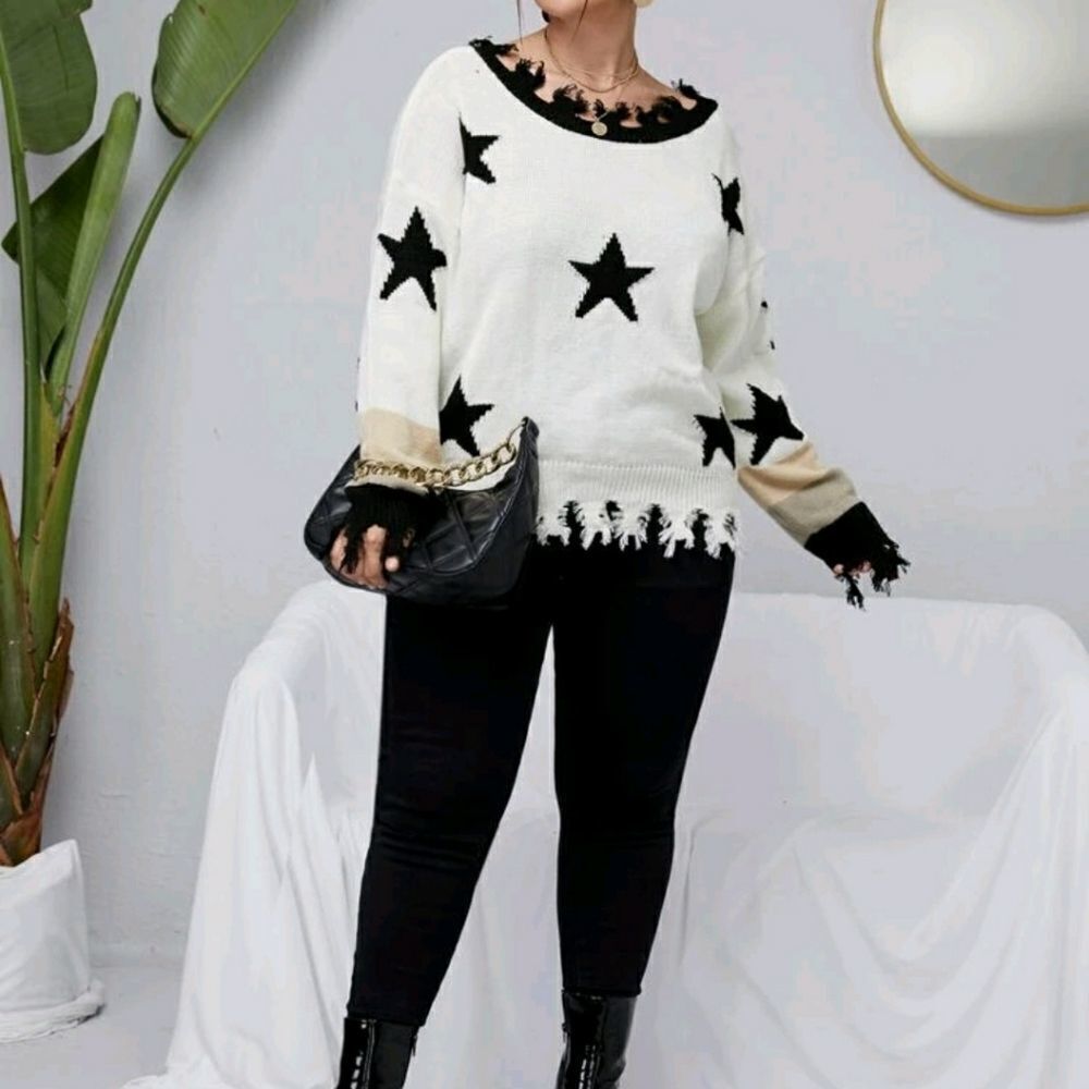 Plus Star Pattern Drop Shoulder Distressed Sweater - Picture 5 of 5